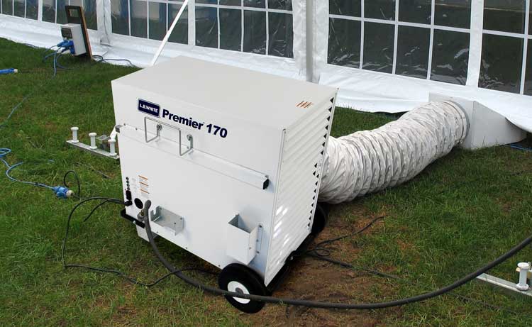 Premier portable forced air heater heating an event tent.