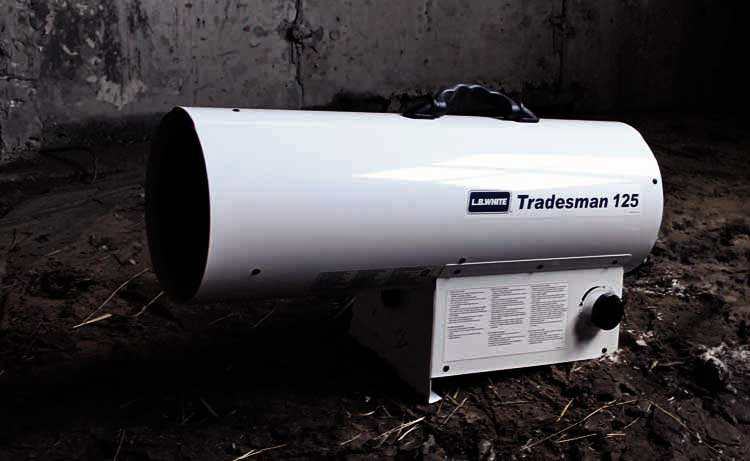 Tradesman portable forced air heater heating a residential construction site.